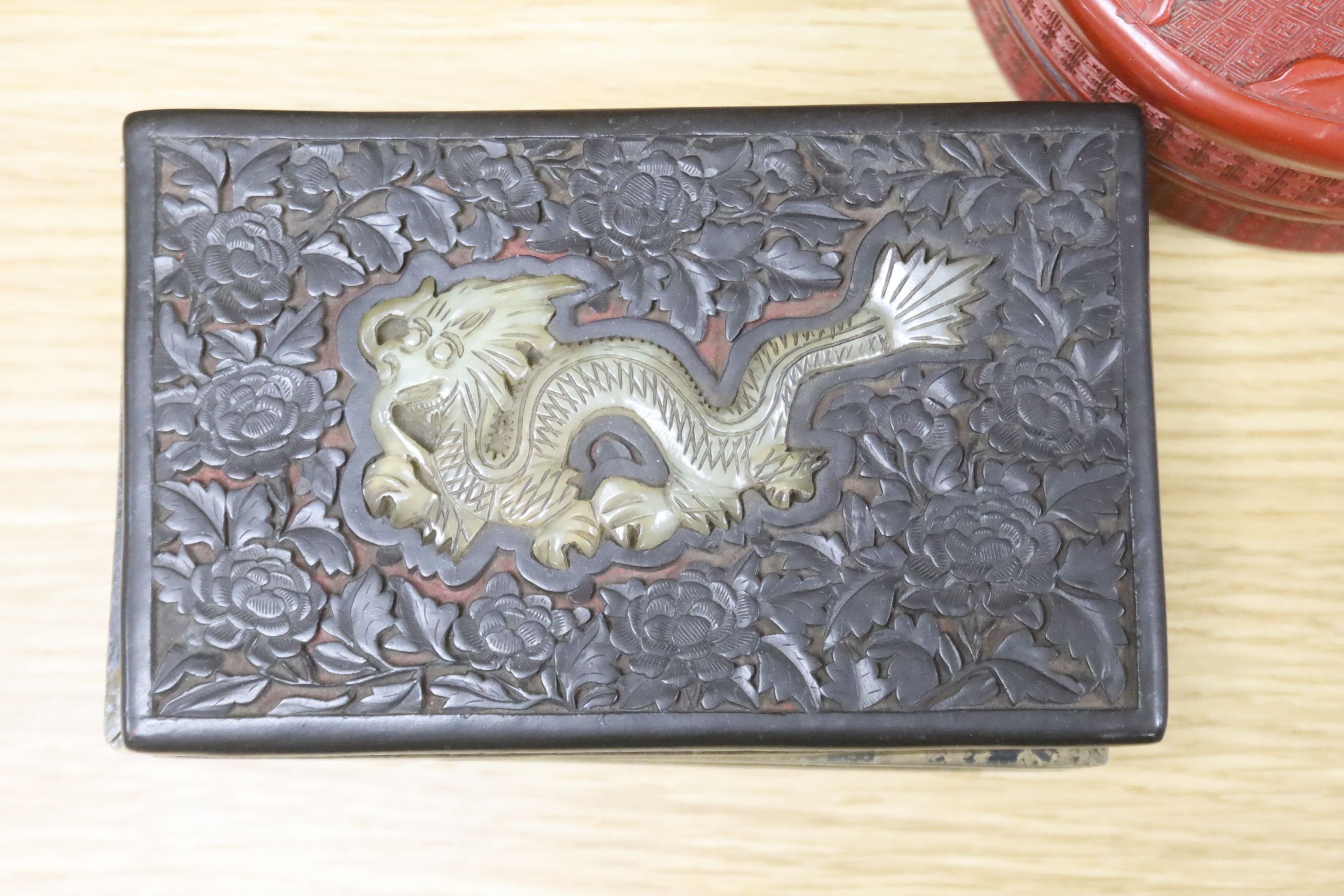 A group of Chinese cinabar lacquer and simulated lacquer boxes etc